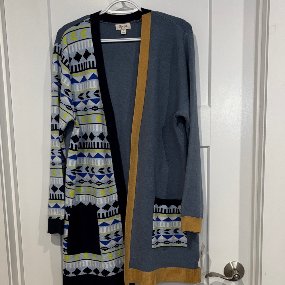 Style & Co. Light Blue and Mustard Patterned Open-Front Cardigan NWT - Picture 3 of 9